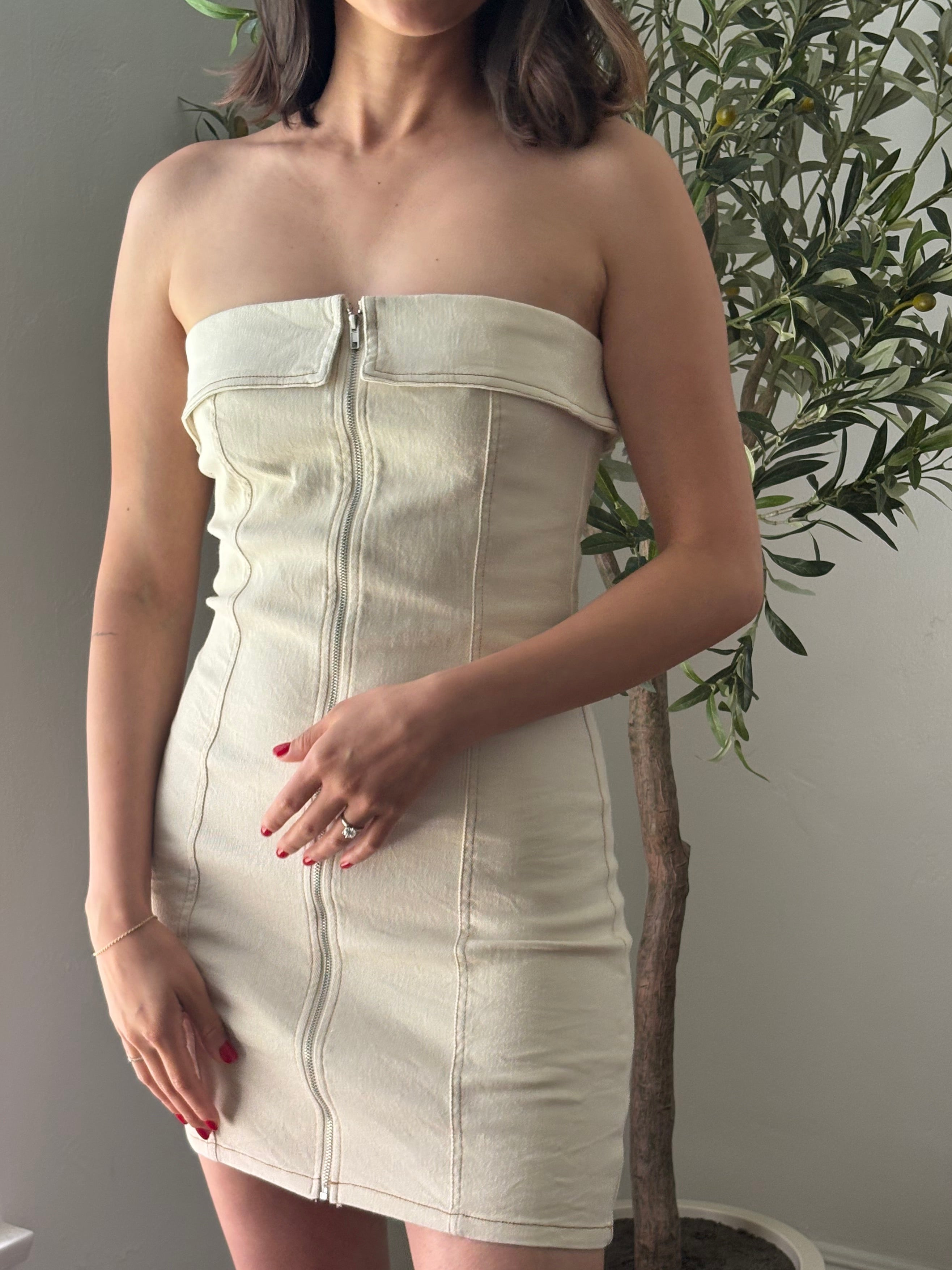 Cream Strapless Zip Up Dress