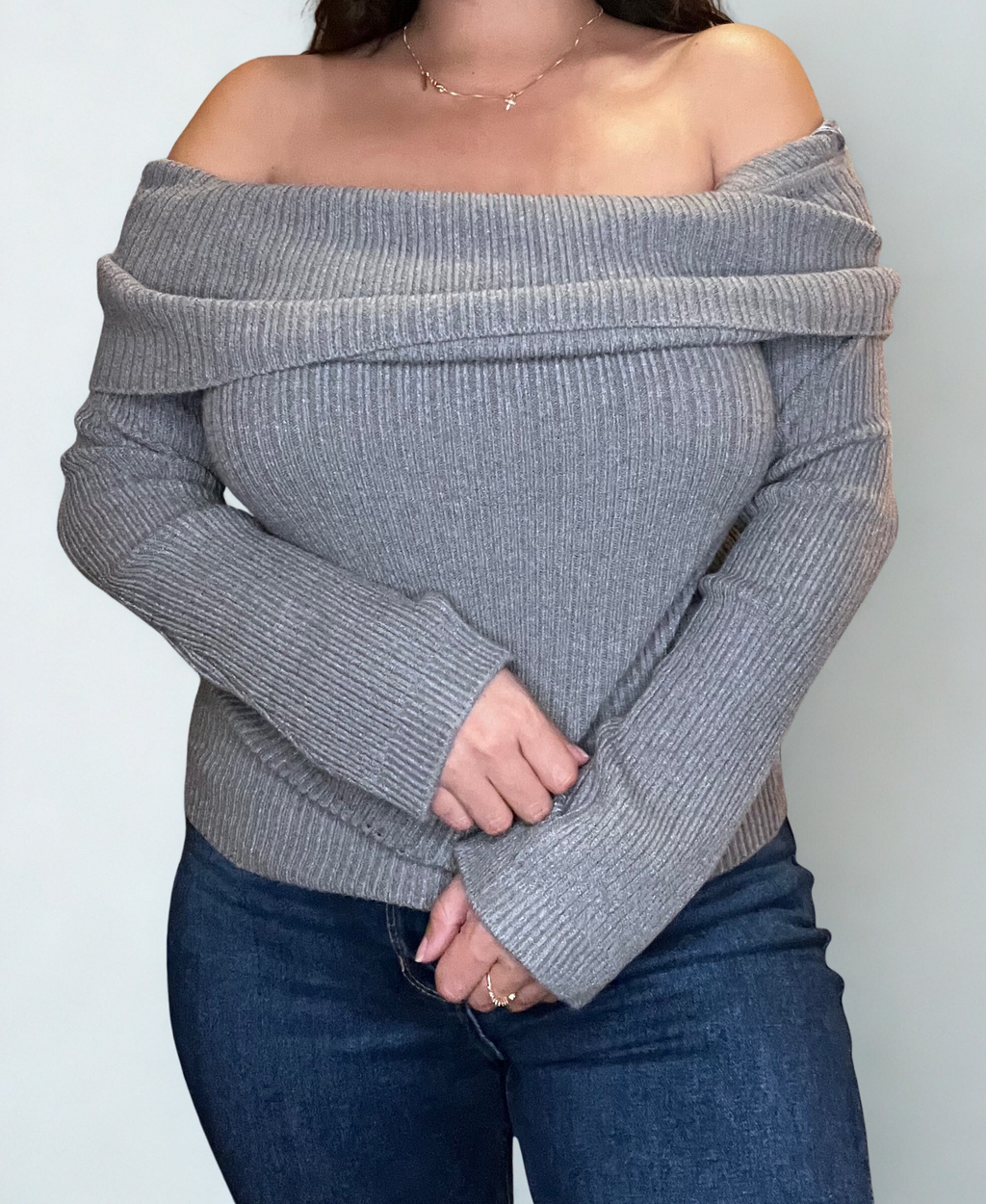Knit Grey Off the Shoulder Sweater